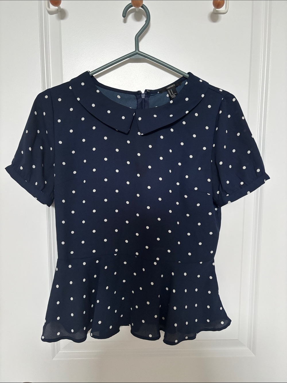 Forever 21 Navy Polka Dot Peplum Blouse with Peter Pan Collar